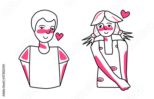 Shy boy and girl with emotion of love. Beloved teenagers half body drawing, sweetheart tender mood of adolescents, amour affection flirting. Line art.