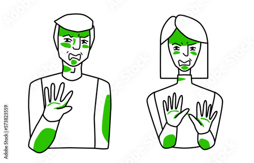 Man and woman with emotion of disgust, antipathy reaction, cover themselves with hands. Sketch style line drawing. photo