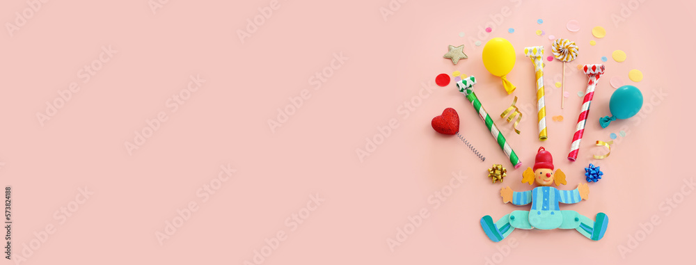 Top view image of party and present objects on pastel background Top view image of party and present objects on pastel background