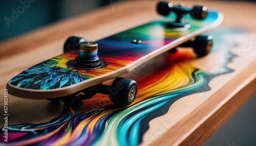  a colorful skateboard sitting on top of a wooden table next to a pair of black wheels on the top of the skateboard,.  generative ai photo