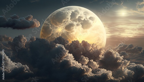  a full moon in a cloudy sky with a few clouds in the foreground and the sun in the distance with a few clouds in the foreground. generative ai