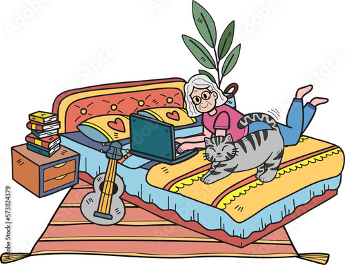 Hand Drawn Elderly working in a room with cats illustration in doodle style