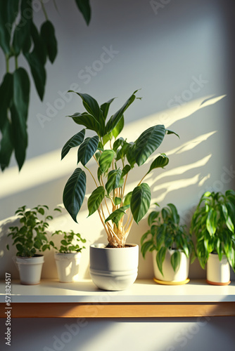 House plants in pot on the windowsill with sunlight  greenhome  Biophilic design at home  green home. Greenery at home  love of plants  indoor cozy garden  Ai generative