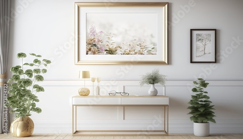  a picture of a room with a table and a plant in it and a picture of a flower on the wall above it with a gold frame.  generative ai