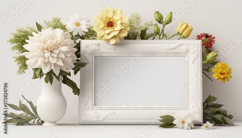  a white frame with flowers in it and a vase with a flower arrangement in front of it on a white surface with a white background. generative ai