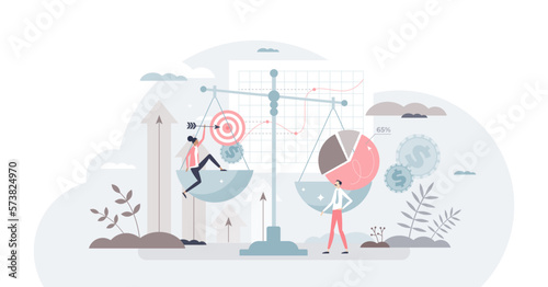 Benchmarking approach or compare business cost, time or quality to best market leader tiny person concept, transparent background. Performance management and method.