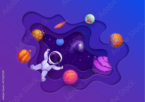 Cartoon space paper cut with astronaut and planets