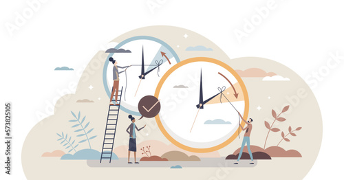 Daylight saving time and change clock to one hour back tiny person concept, transparent background. Fall back and turn spring forward season switch reminder scene illustration.