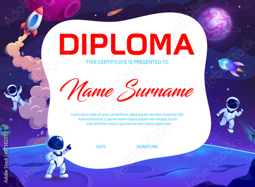 Kids diploma cartoon astronauts on moon surface