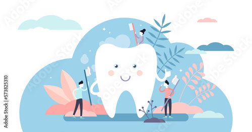 Kids dentist concept, flat tiny persons illustration, transparent background. White, clean and smiling tooth cartoon character with children brushing and cleaning.