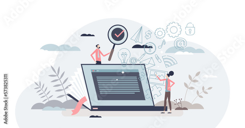 Knowledge base and electronic information research tiny person concept, transparent background. Digital info for education and studying illustration. E-book literature Internet page with training.