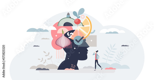 Mindful eating and healthy daily food consumption awareness tiny person concept, transparent background. Vegetable, fish and fruits balance for body health and vitality illustration.