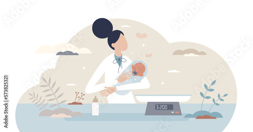 Neonatal nurse childcare for premature newborn babies tiny person concept, transparent background. Clinical infant weight measurements and hospital intensive care after medical problems.