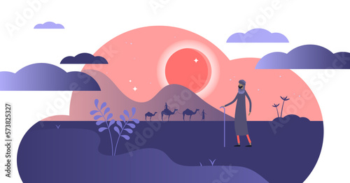 Nomads illustration, transparent background. Flat tiny persons without habitation concept. East and arabic culture tradition to travel with caravan in desert or steppe.