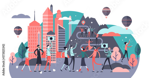 Overtourism illustration, transparent background. Flat tiny tourist crowd problem persons concept. Group with travelers on popular famous urban or nature destination object.