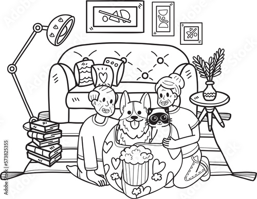 Hand Drawn Elderly hugging dogs and cats illustration in doodle style