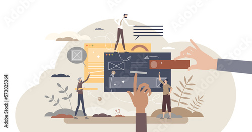 Project collaboration and partnership teamwork process tiny person concept, transparent background. Merge business resources for goal and challenge execution illustration.