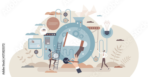 Public relations marketing communication and management tiny person concept, transparent background. Social media announcement and advertising campaign process using abstract software machine.