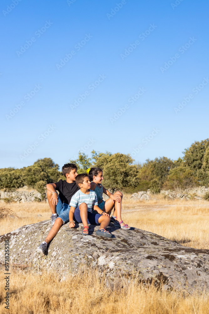 Three kids  with on a top of a rock on their summer vacation