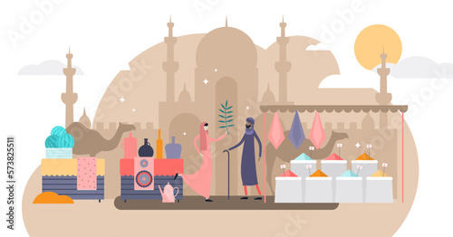 Arabic market trade flat tiny persons illustration concept, transparent background.Bargaining deals and selling goods in authentic ancient east urban street market place.