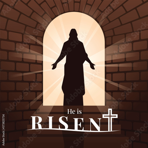He is risen - Silhouette of Jesus Christ risen coming out from sepulchre or tomb walking into the light vector design