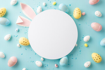 Easter concept. Top view photo of empty circle easter bunny ears yellow blue pink eggs and sprinkles on isolated pastel blue background with copyspace