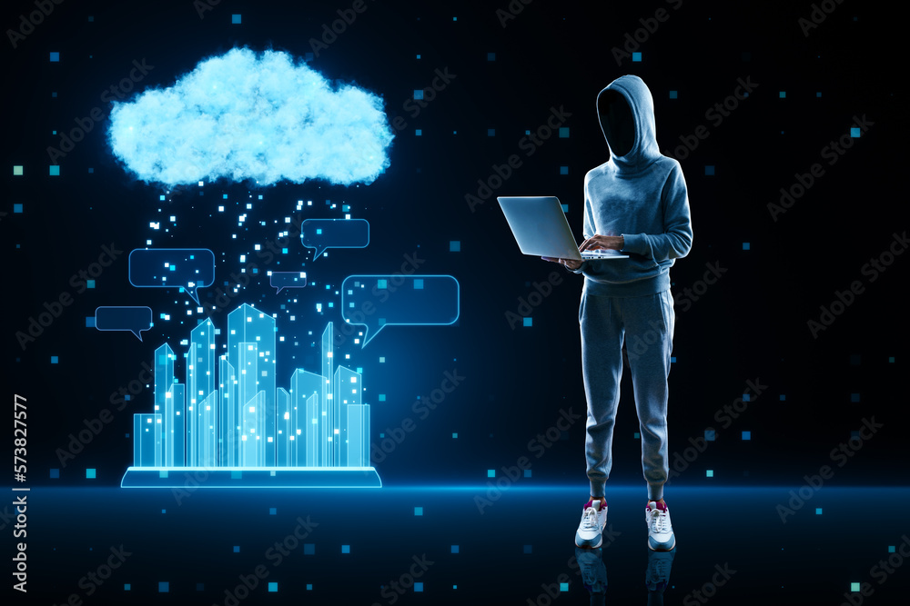 © Who is Danny - Hacker using laptop with glowing urban cloud and city communication hologram on blurry blue tech background. Smart city, hacking and IOT concept. © Who is Danny - Hacker using laptop with glowing urban cloud and city communication hologram on blurry blue tech background. Smart city, hacking and IOT concept.