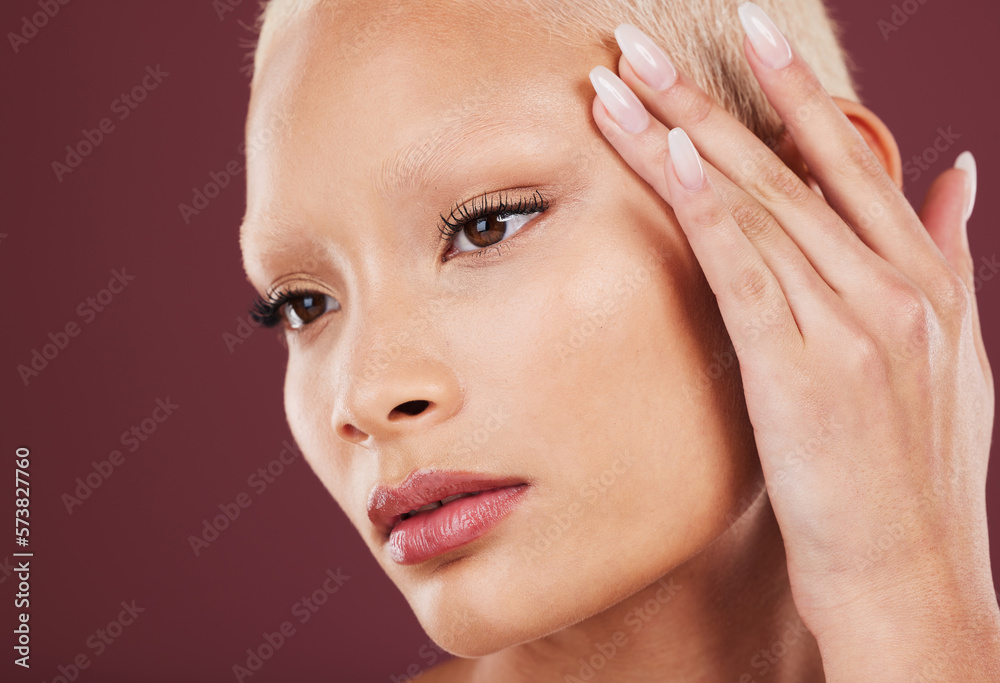 Thinking, beauty and face skincare of woman in studio isolated on a red background. Dermatology, makeup cosmetics and young female model satisfied with facial treatment for glowing and healthy skin. Thinking, beauty and face skincare of woman in studio isolated on a red background. Dermatology, makeup cosmetics and young female model satisfied with facial treatment for glowing and healthy skin.