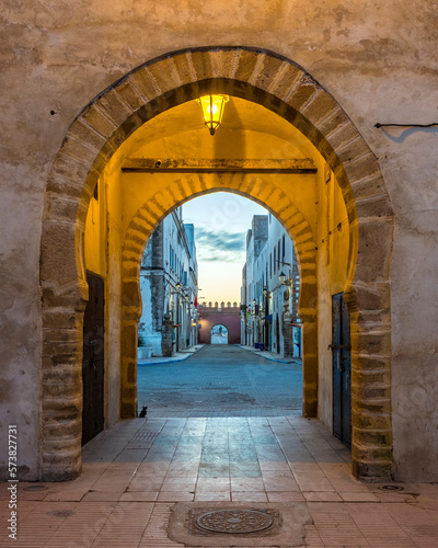 Arched entrance through city walls to medina old town, Essaouira, Marrakesh-Safi, Morocco