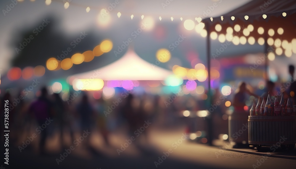  a blurry photo of people walking around a fairground at night with lights on the ceiling and a tent in the background with people walking around.  generative ai