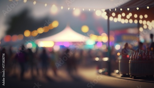  a blurry photo of people walking around a fairground at night with lights on the ceiling and a tent in the background with people walking around. generative ai