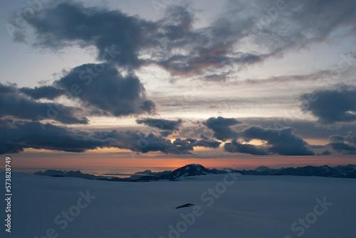 Sunset view form the glacier on fjords. photo
