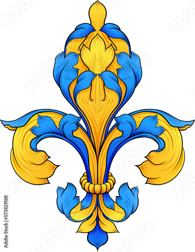 A Fleur de lis lily flower floral coat of arms royal heraldry crest design in a filigree style.