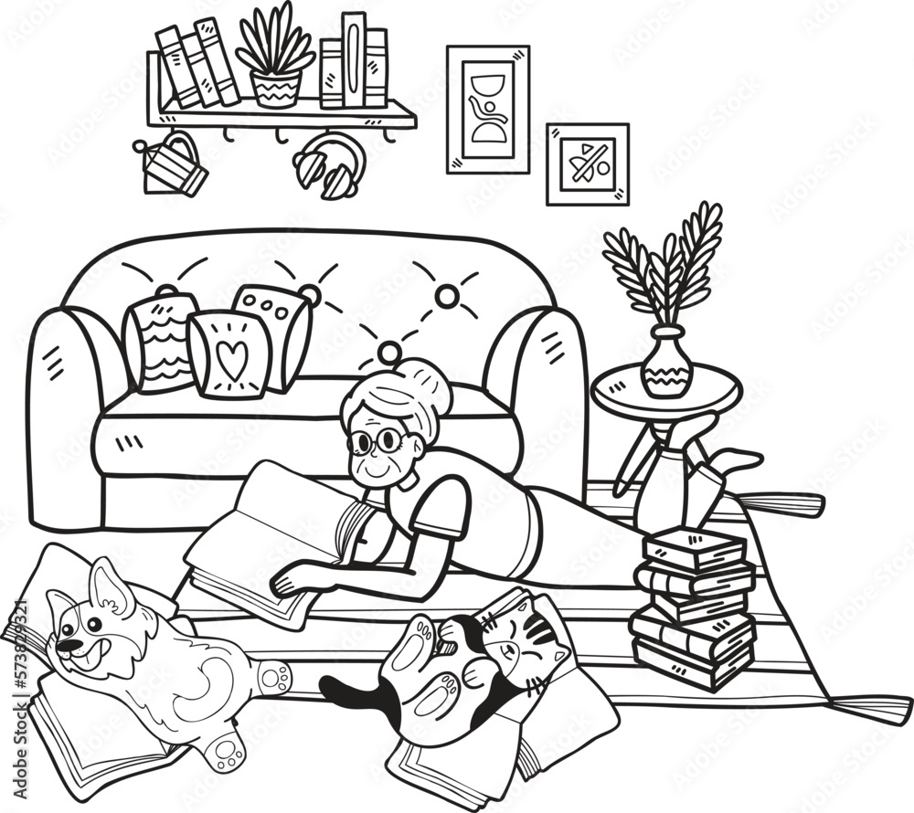 Obraz premium Hand Drawn Elderly reading books with dogs and cats illustration in doodle style