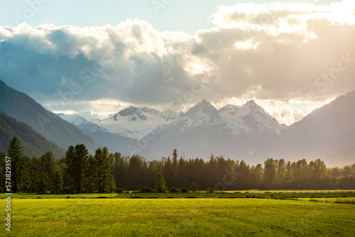 Landscape with field, forest and mountains,â€ Pembertonâ€ Valley, British Columbia, Canada photo