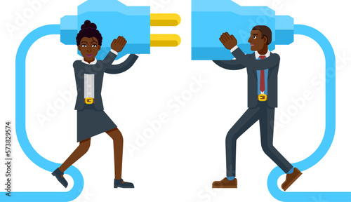 Two business people plugging connecting together electrical plug conceptual illustration