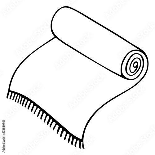 The carpet is partially rolled up. Sketch. Fringed floor covering. The floor mat is half unrolled. Vector illustration. Rug in doodle style. Outline on isolated background. Coating for creating a cozy