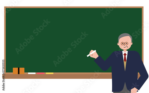 黒板の前で板書をしながら話をする高齢男性教師のベクターイラスト