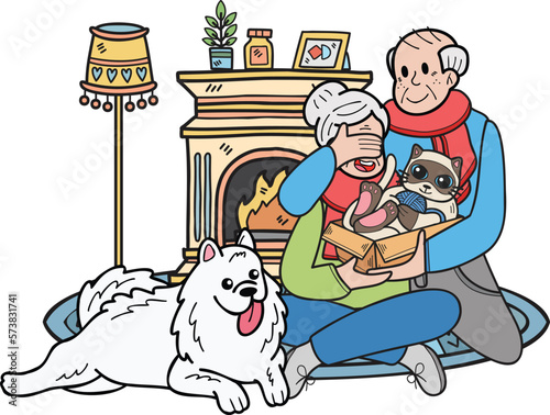 Hand Drawn Elderly play with dogs and cats illustration in doodle style