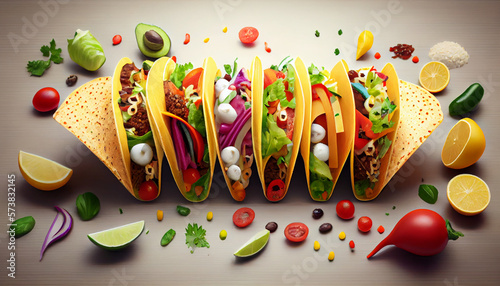 Vegetarian tacos with variety of toppings on table, generative ai