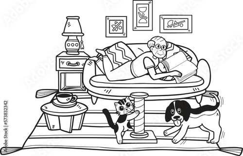 Hand Drawn Elderly reading books with dogs and cats illustration in doodle style