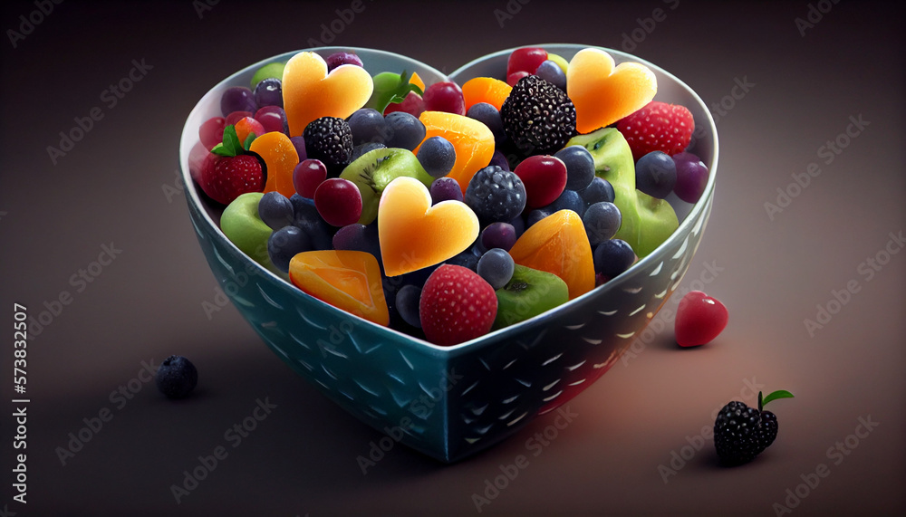 Bowl of fresh and colorful fruit salad in hearthshaped bowl, generative ai Bowl of fresh and colorful fruit salad in hearthshaped bowl, generative ai