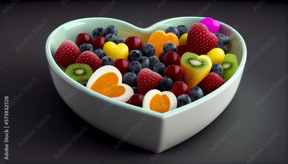 Bowl of fresh and colorful fruit salad in hearthshaped bowl, generative ai Bowl of fresh and colorful fruit salad in hearthshaped bowl, generative ai