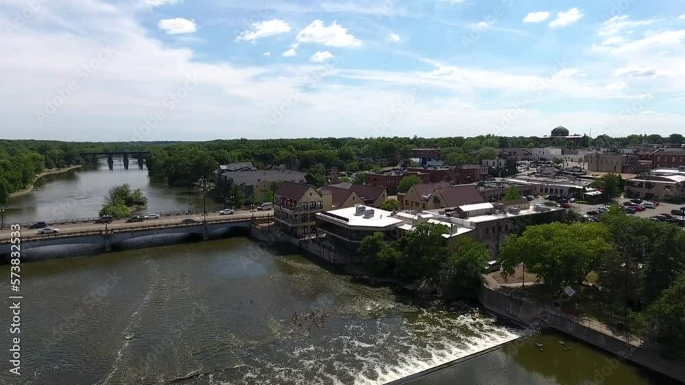 Geneva, Illinois USA, Aerial View of Fox River, Bridge Traffic and Waterfront Buildings Geneva, Illinois USA, Aerial View of Fox River, Bridge Traffic and Waterfront Buildings