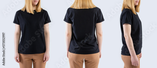 Template of a women's t-shirt of black colors. Front view, side view, back view. Mockup