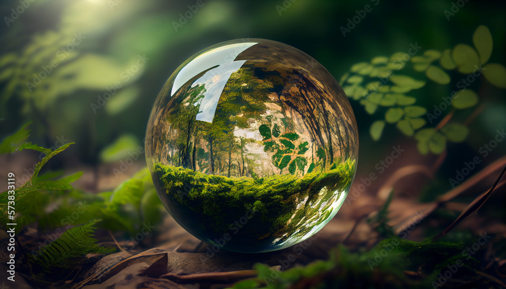 Glass marble sphere earth with a forest in background, generative ai Glass marble sphere earth with a forest in background, generative ai