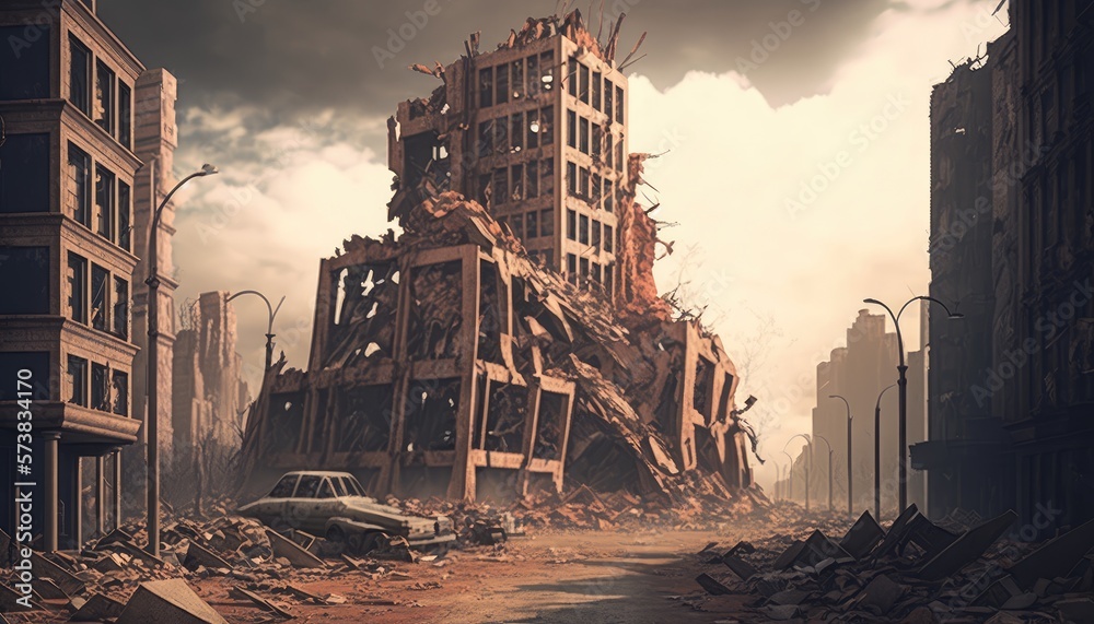 A View of Destruction: A Post-Apocalyptic Cityscape After an Earthquake, AI generative A View of Destruction: A Post-Apocalyptic Cityscape After an Earthquake, AI generative