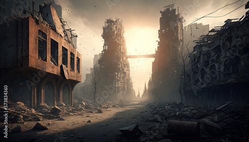 The Consequences of an Earthquake: A Post-Apocalyptic View of a Destroyed City, AI generative