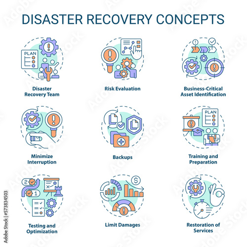 Disaster recovery concept icons set. Restore data. Reestablish system work idea thin line color illustrations. Isolated symbols. Editable stroke. Roboto-Medium, Myriad Pro-Bold fonts used