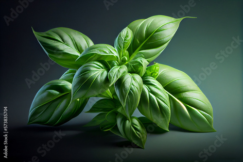 Fresh Basil herb leaves. Green seasoning plant. Close up view. Generative Ai